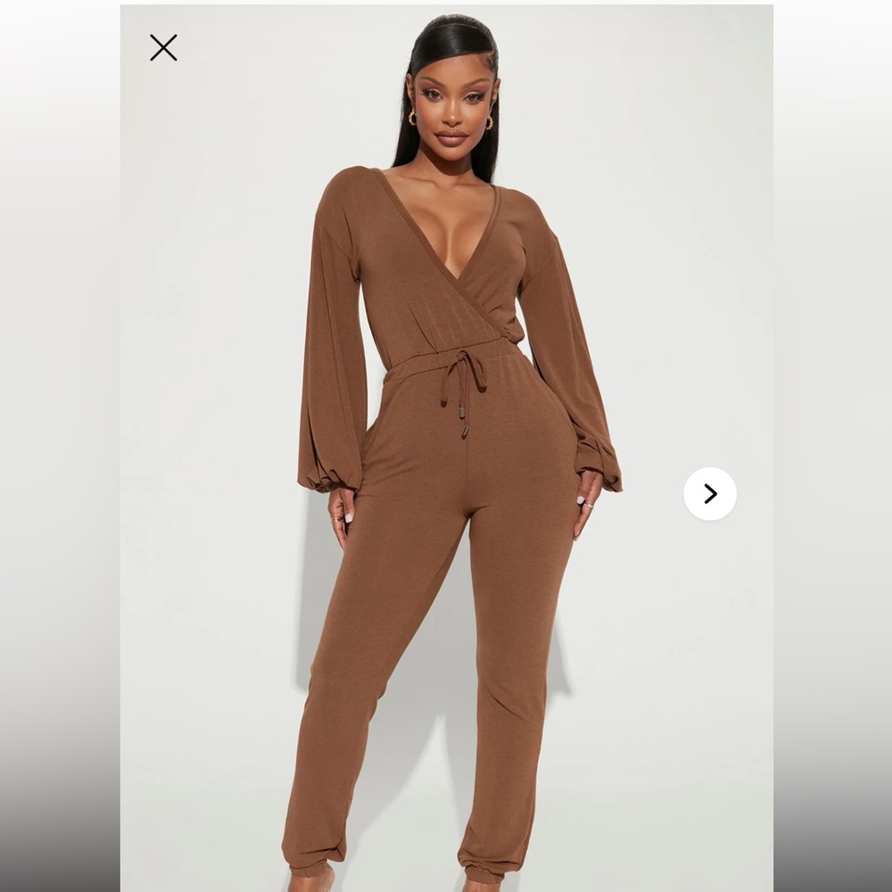 Fashion Nova Deep V-Neck Brown Jumpsuit